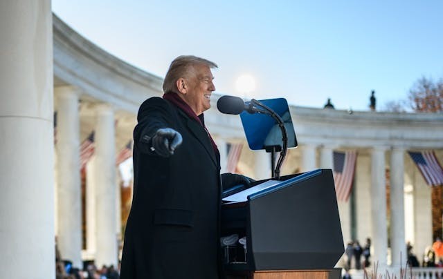 President Donald Trump delivers remarks at a Veterans Day ceremony at the Memorial Amphitheater at Arlington National Cemetery, Tuesday, November 11, 2025, in Arlington, Virginia. (Official White House Photo by Daniel Torok)