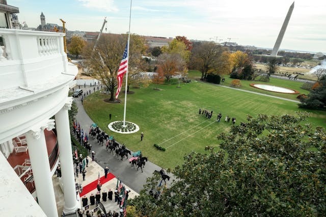 President Donald Trump welcomes Crown Prince and Prime Minister Mohammed bin Salman Al Saud of Saudi Arabia at the South Portico of the White House, Tuesday, November 18, 2025. (Official White House Photo by Molly Riley)