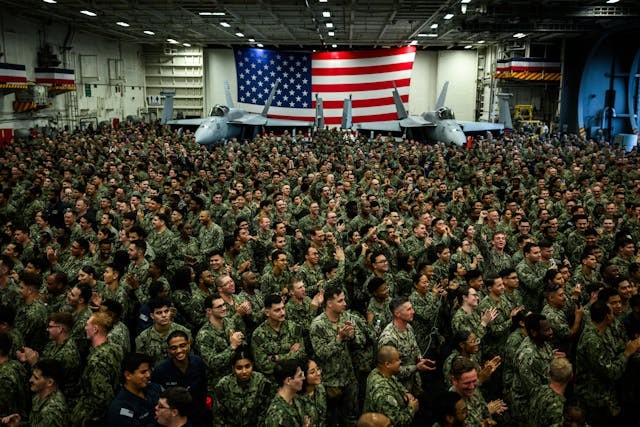 President Donald Trump delivers remarks to Yokosuka Naval troops aboard the USS George Washington at Yokosuka Naval Base, Japan on Tuesday, October 28, 2025. (Official White House Photo by Daniel Torok)