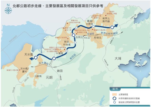但現存規劃的北都、鐵路系統、公營房屋、醫療、教育設施等各方面擴展，已對公共財政及私營發展商構成沉重負擔。（政府官網）