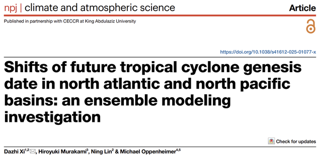 圖四：2025年5月在《自然雜志》旗下的《氣候和大氣科學期刊》發表的一篇學術論文，研究未來熱帶氣旋生成日期的變化。（https://www.nature.com/npjclimatsci/）