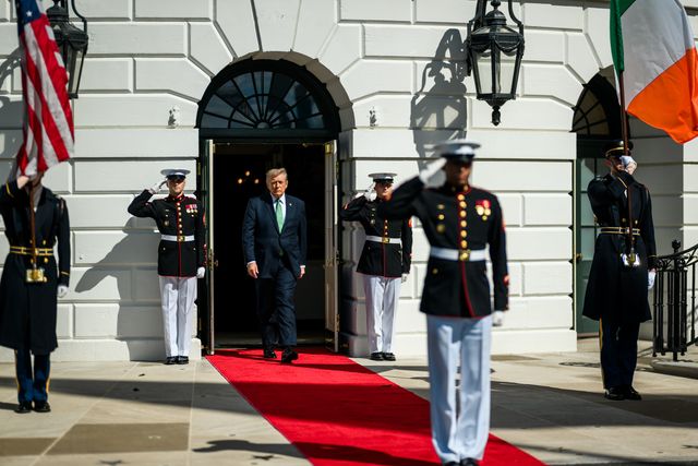 President Donald J. Trump greets Taoiseach of Ireland Miche&aacute;l Martin at the South Portico of the White House, Tuesday, March 17, 2026. (Official White House Photo by Daniel Torok)
