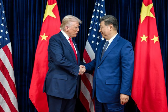 President Donald Trump greets Chinese President Xi Jinping before a bilateral meeting at the Gimhae International Airport terminal, Thursday, October 30, 2025, in Busan, South Korea. (Official White House Photo by Daniel Torok)