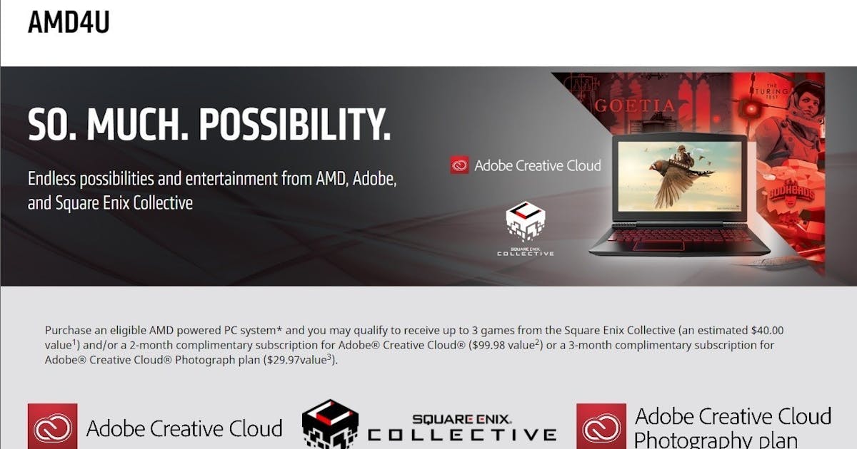 AMD 攜手 Adobe 、 Square Enix 推出 AMD4U 方案，買特定 AMD 方案可獲獨立遊戲或是 Adobe 影像服務 ...