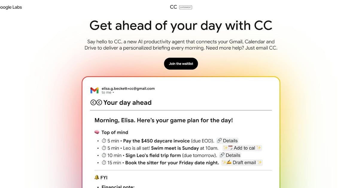 Google 推 AI 郵件助理 CC，每天自動幫你整理行程和待辦事項